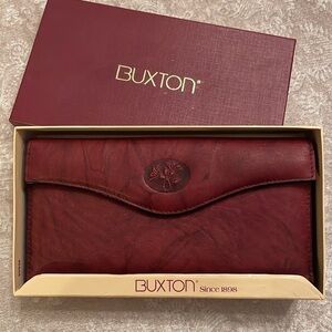 Brand New Buxton Genuine Leather Organizer Clutch Snap Trifold Wallet Burgundy